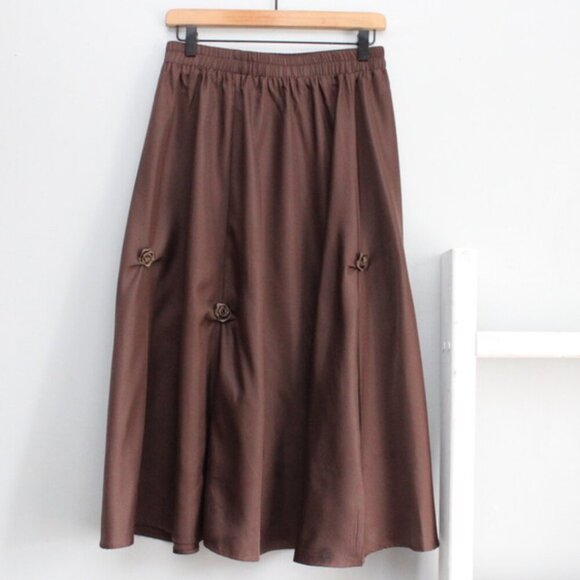 Chouyatou Brown Floral Rose Applique A-Line Pleated Swing Midi Skirt Large - Picture 2 of 8